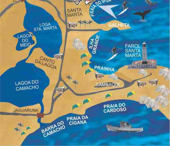 Mapa da região do Farol de Santa Marta, com suas praias, lagoas e a localização dos sambaquis, um dos maiores do Brasil